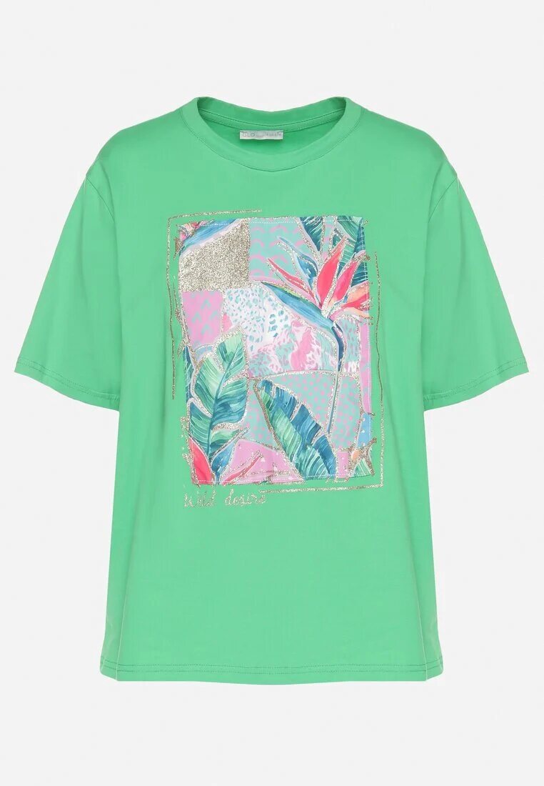glo-story Tricou verde de bumbac cu imprimeu decorativ Delmari