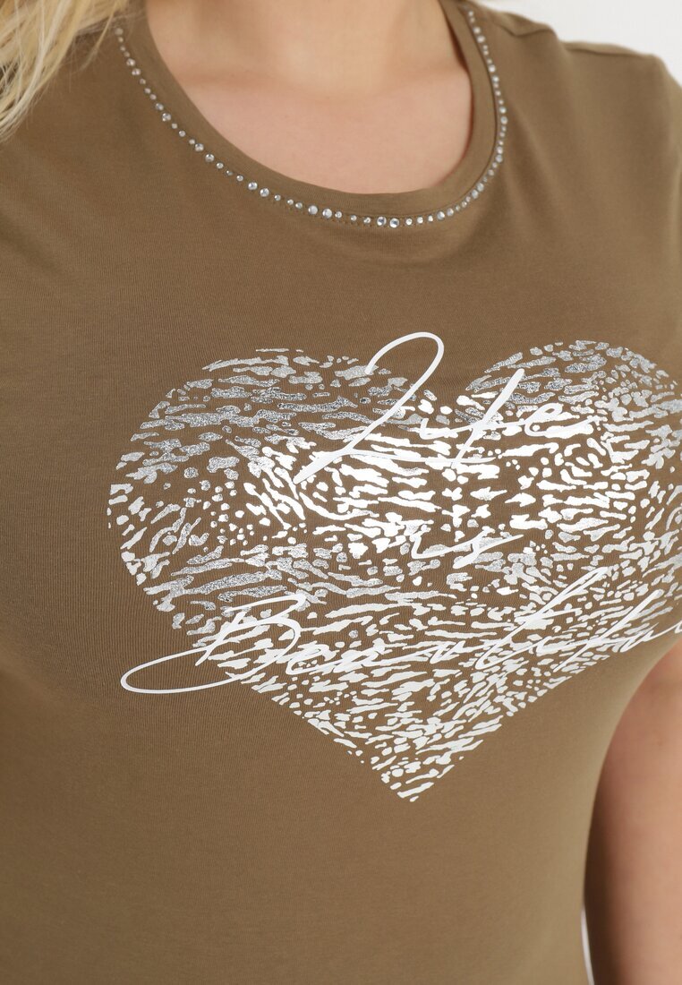 glo-story Tricou Verde închis din bumbac cu mânecă scurtă și imprimeu metalic și cu zirconii Sanesti