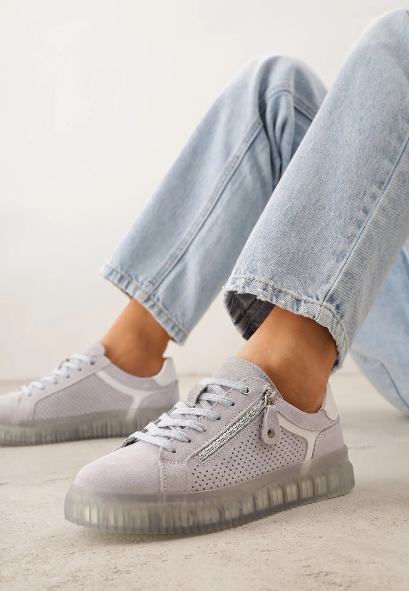 goodin Adidași Albaștri din Piele întoarsă cu Fermoar Decorativ și Perforații și Brant din Piele Sewtena