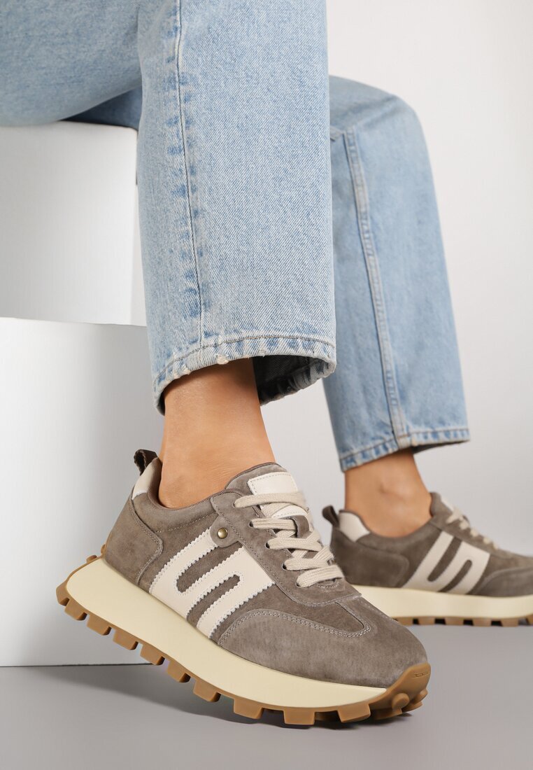 goodin Adidași bej închis din piele cu motiv geometric Melussea