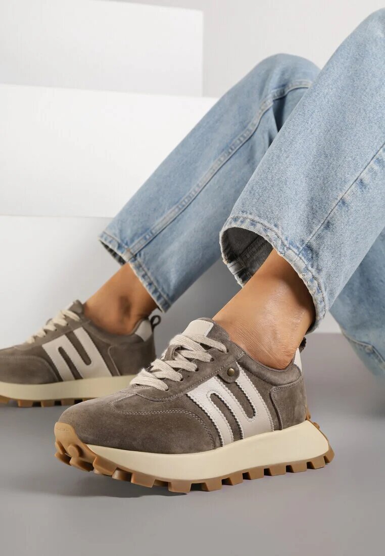 goodin Adidași bej închis din piele cu motiv geometric Melussea
