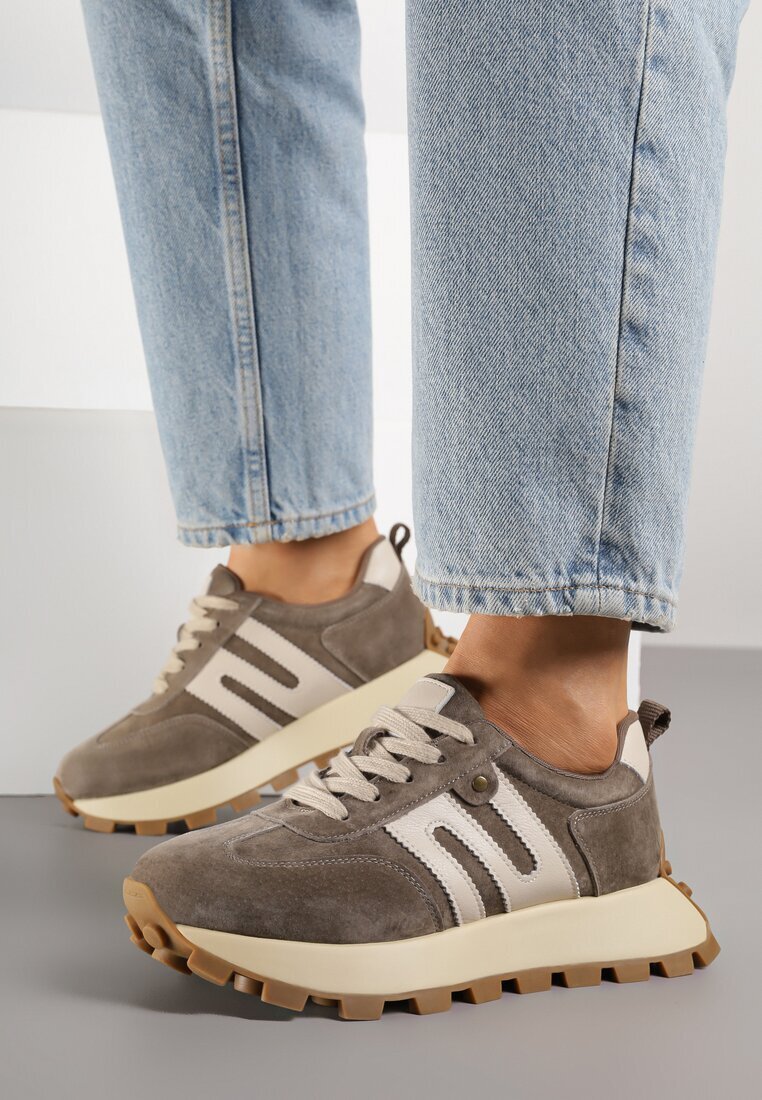 goodin Adidași bej închis din piele cu motiv geometric Melussea