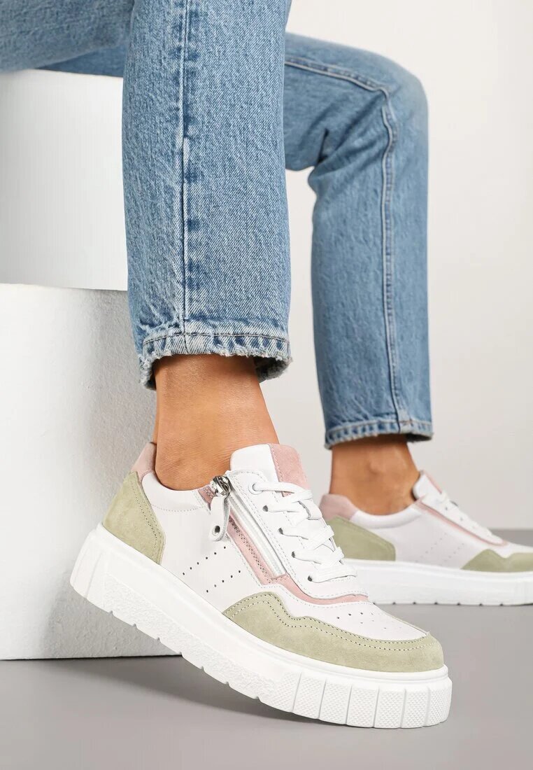 goodin Adidași din piele Alb-Verde în stil Streetwear Decorate cu fermoar Elearessa
