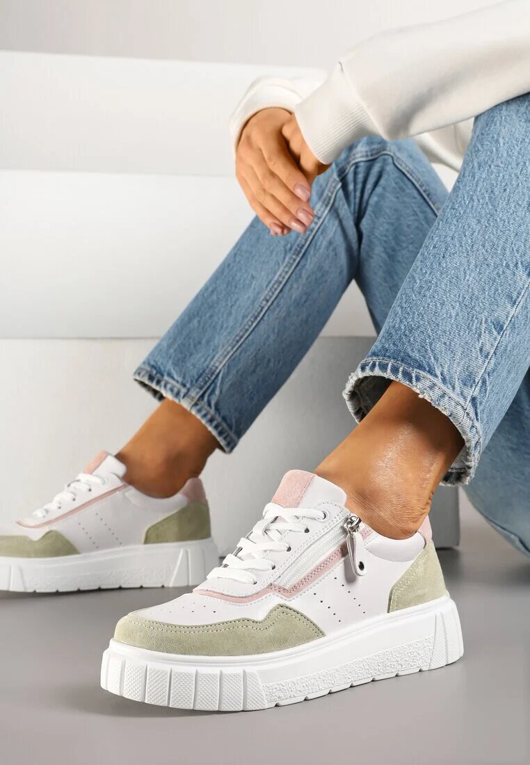 goodin Adidași din piele Alb-Verde în stil Streetwear Decorate cu fermoar Elearessa