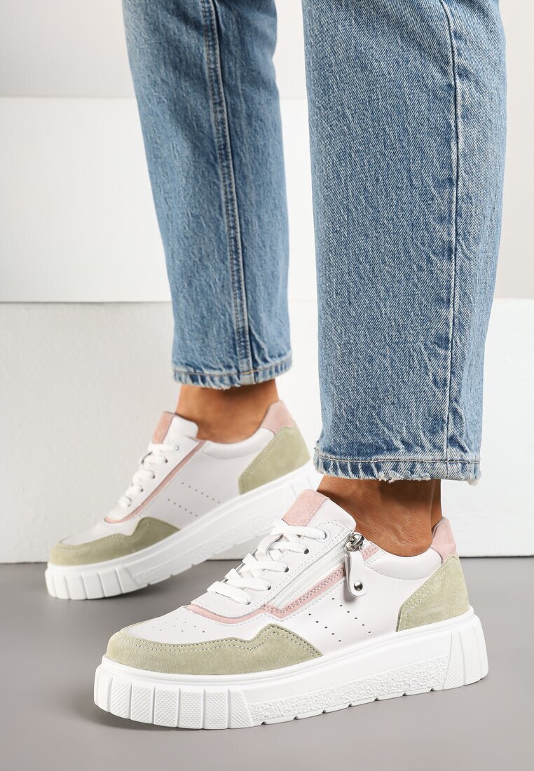 goodin Adidași din piele Alb-Verde în stil Streetwear Decorate cu fermoar Elearessa