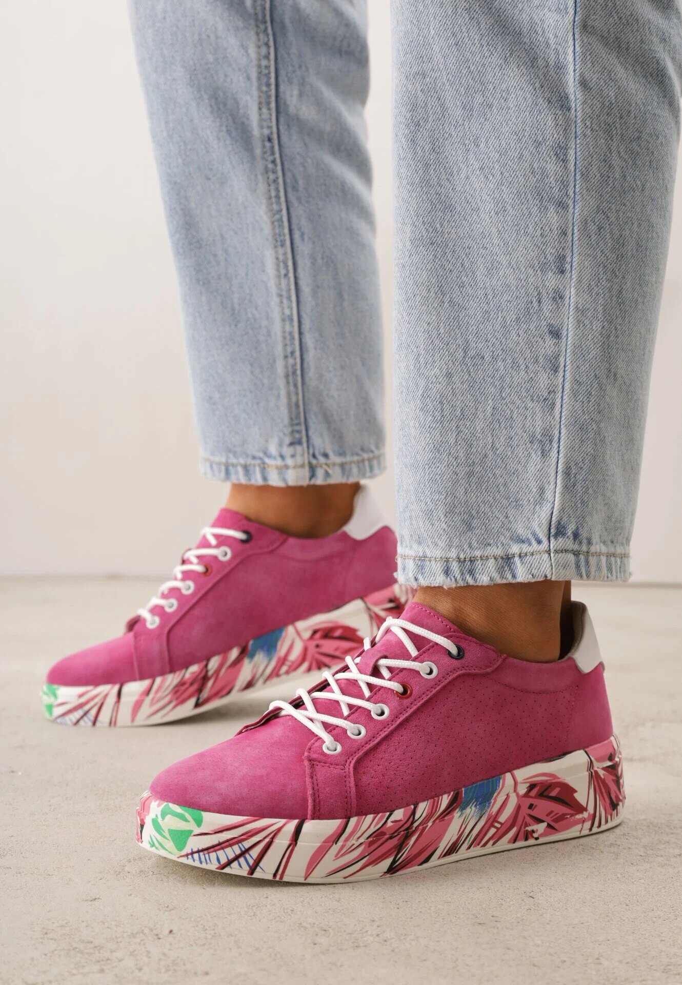 goodin Adidași Fucsia din Piele Naturală cu Perforații și Motiv cu Pene Riosinda