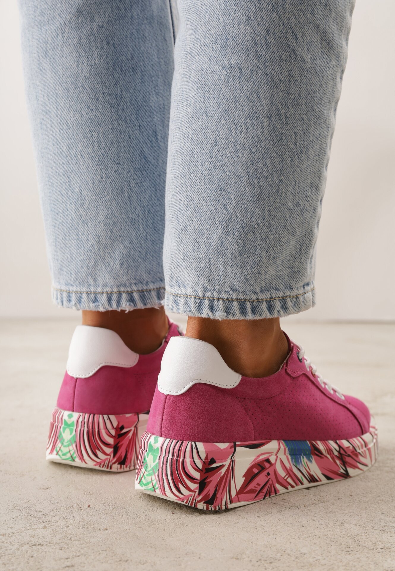 goodin Adidași Fucsia din Piele Naturală cu Perforații și Motiv cu Pene Riosinda