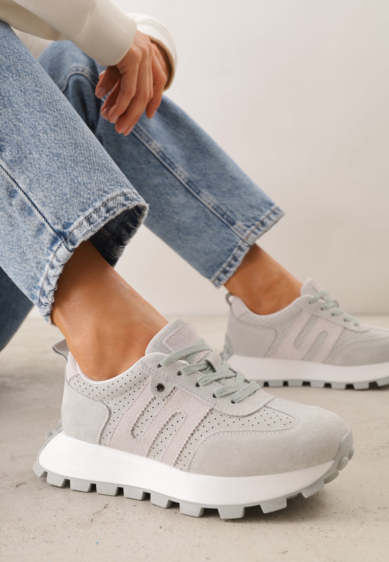goodin Adidași verde deschis din piele întoarsă cu talpă groasă cu model geometric Zitula
