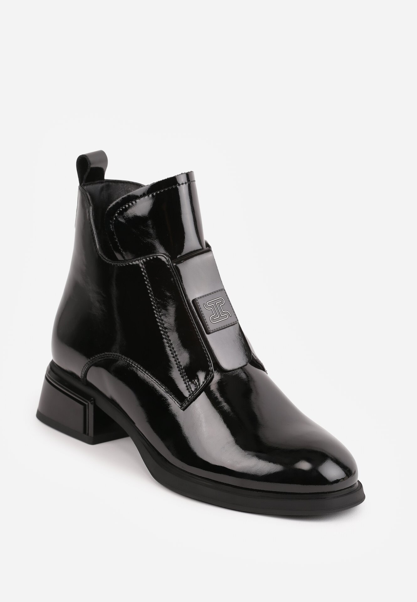 goodin Botine elegante din piele naturală lăcuită cu panou decorativ la limbă Presta Negre