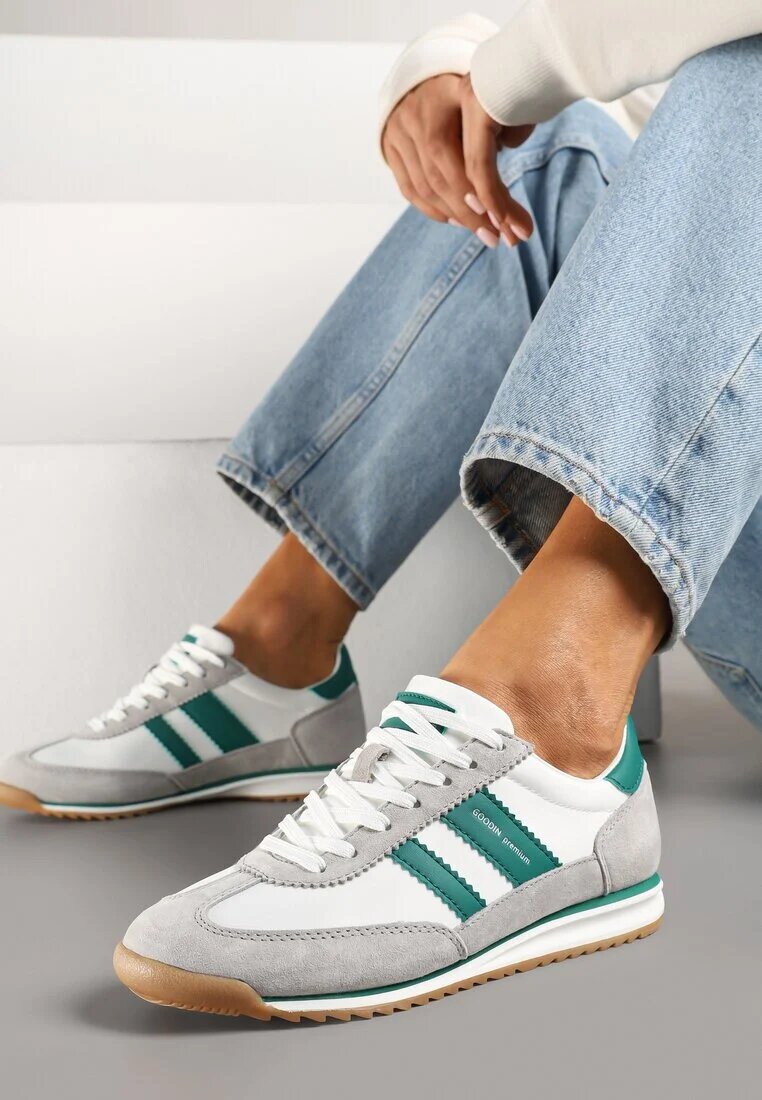 goodin Sneakers Alb-Gri Clasici Teniși cu Branț din Piele și Piele Întoarsă Naturală Tilritia