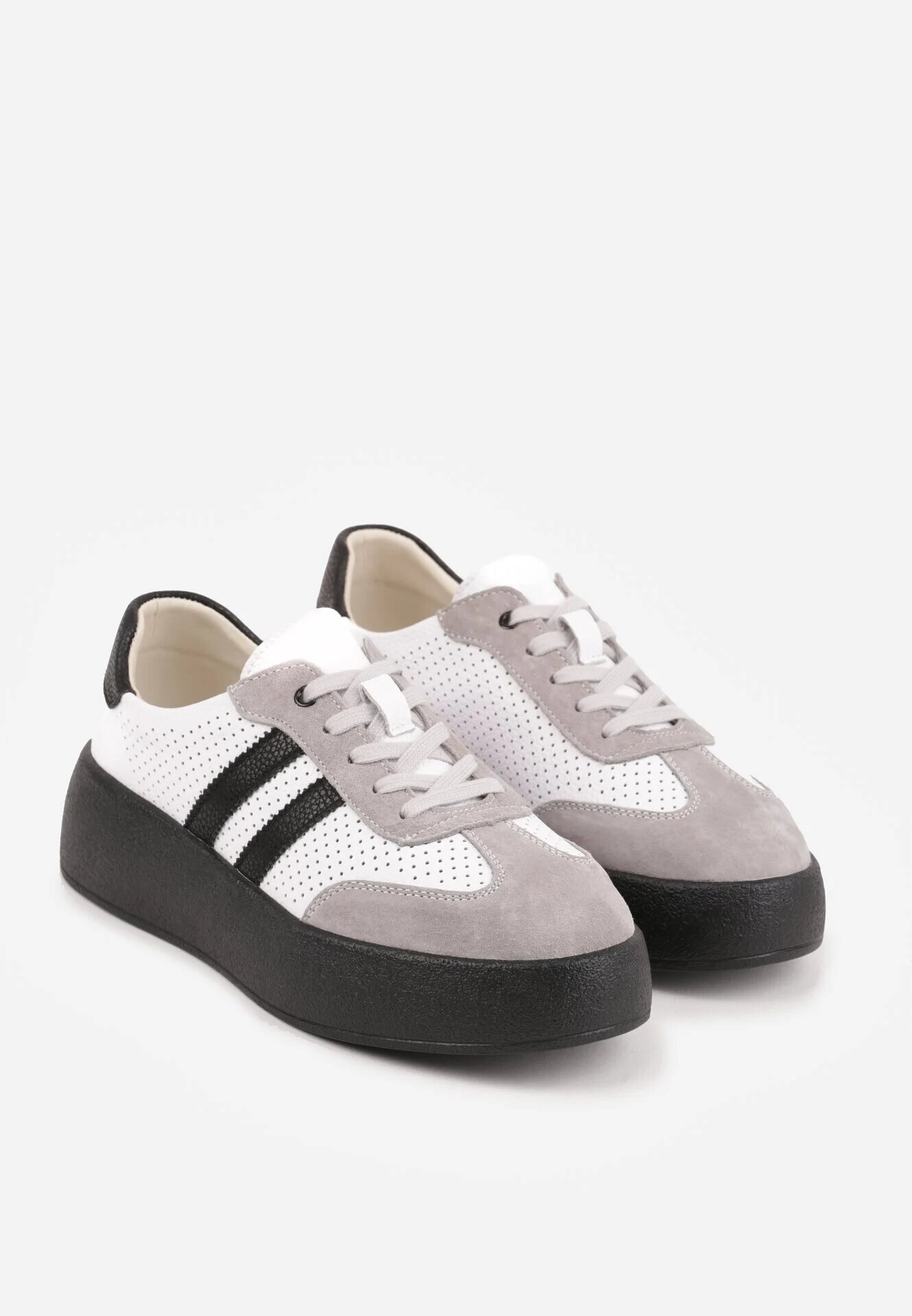 goodin Sneakers Alb-Gri Din Piele cu Talpă Groasă Decorate cu Benzi și Perforații Wiefia
