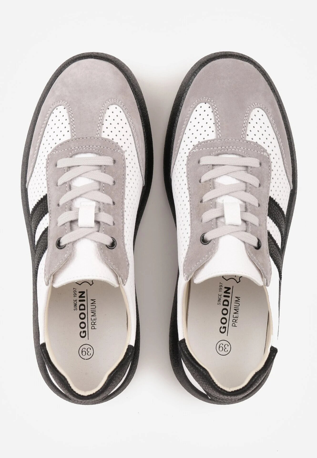 goodin Sneakers Alb-Gri Din Piele cu Talpă Groasă Decorate cu Benzi și Perforații Wiefia