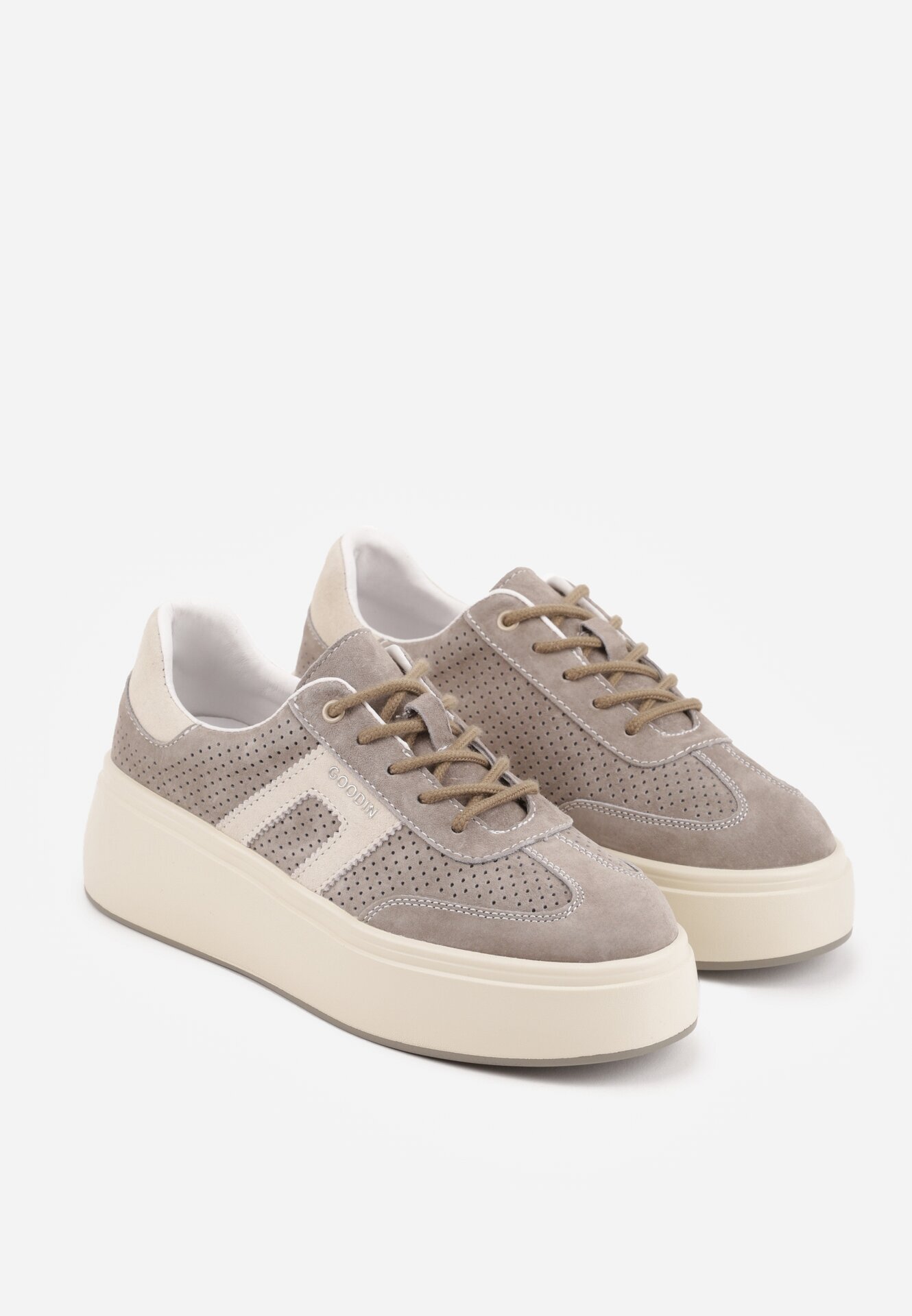 goodin Sneakers bej închis din piele întoarsă cu talpă groasă cu perforații și ornament Sewtora