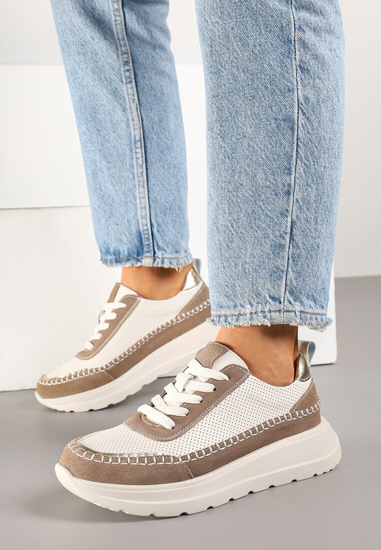goodin Sneakers Bej-Maro din piele cu perforații cusături și inserții metalice Reimara