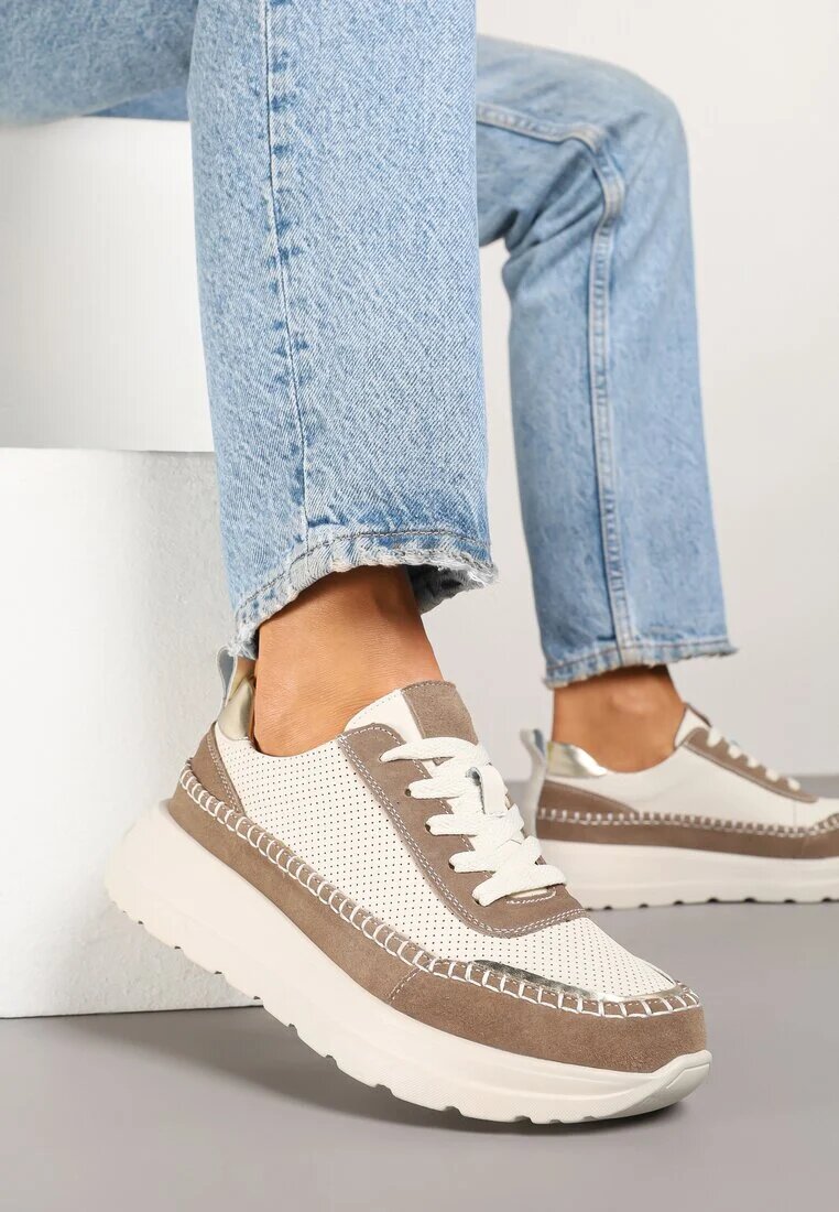 goodin Sneakers Bej-Maro din piele cu perforații cusături și inserții metalice Reimara