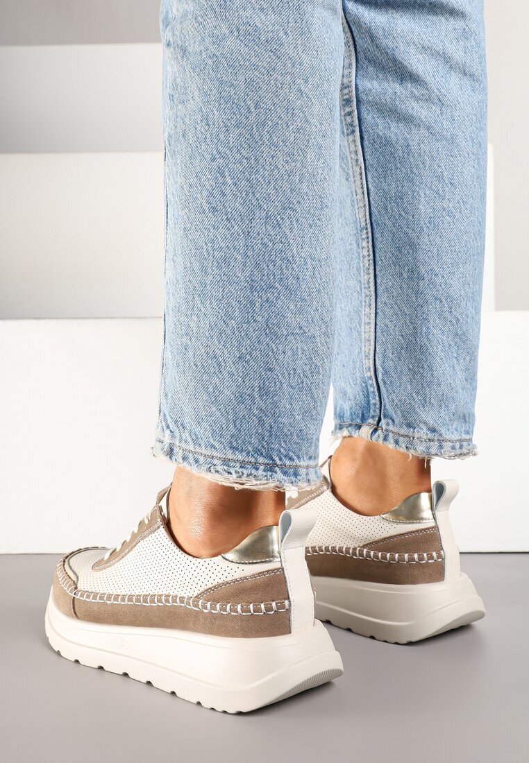goodin Sneakers Bej-Maro din piele cu perforații cusături și inserții metalice Reimara