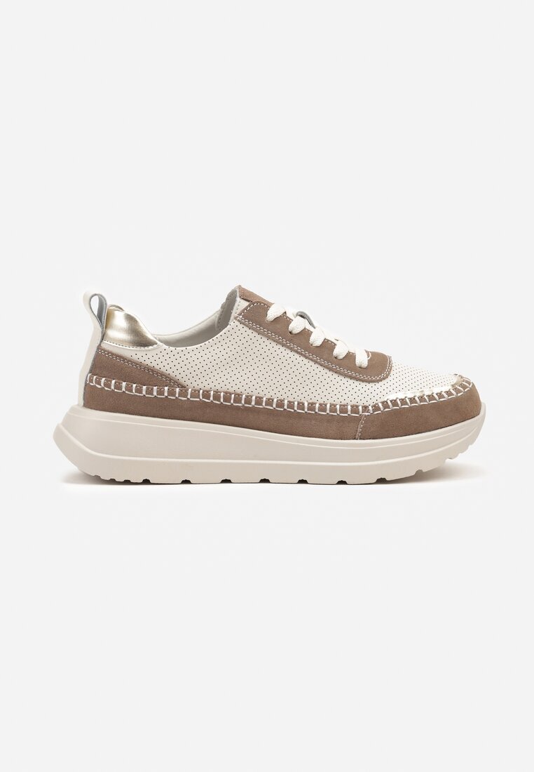 goodin Sneakers Bej-Maro din piele cu perforații cusături și inserții metalice Reimara