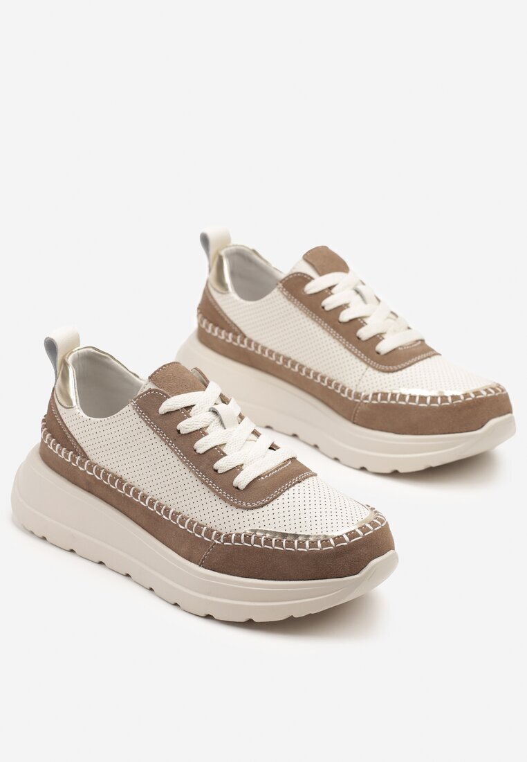 goodin Sneakers Bej-Maro din piele cu perforații cusături și inserții metalice Reimara