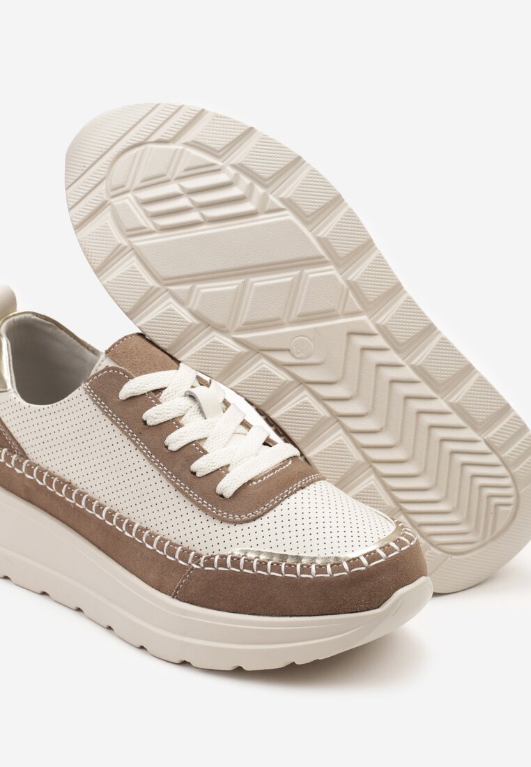 goodin Sneakers Bej-Maro din piele cu perforații cusături și inserții metalice Reimara