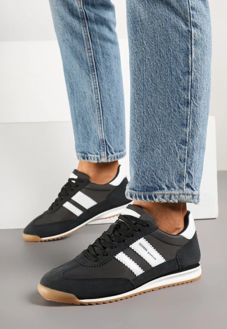 goodin Sneakers Clasici Tip Tenisi Negri-Albi cu Branț din Piele și Piele Întoarsă Naturală Tilritia