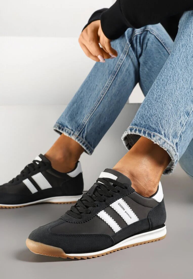 goodin Sneakers Clasici Tip Tenisi Negri-Albi cu Branț din Piele și Piele Întoarsă Naturală Tilritia