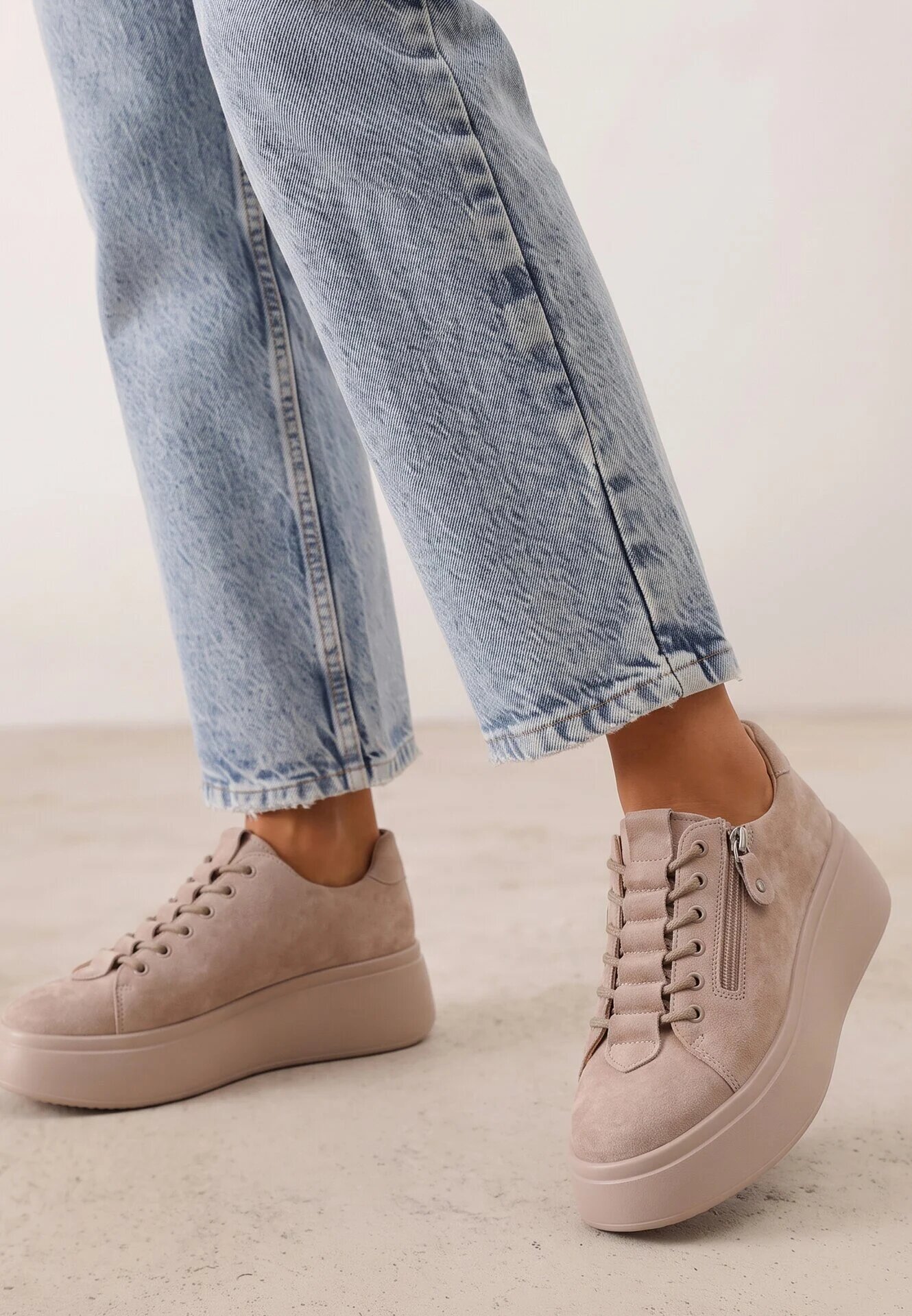 goodin Sneakers din piele întoarsă pe talpă groasă decorate cu fermoar Belko Bej