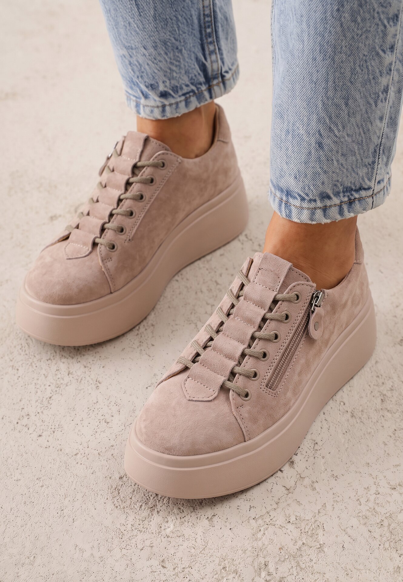 goodin Sneakers din piele întoarsă pe talpă groasă decorate cu fermoar Belko Bej