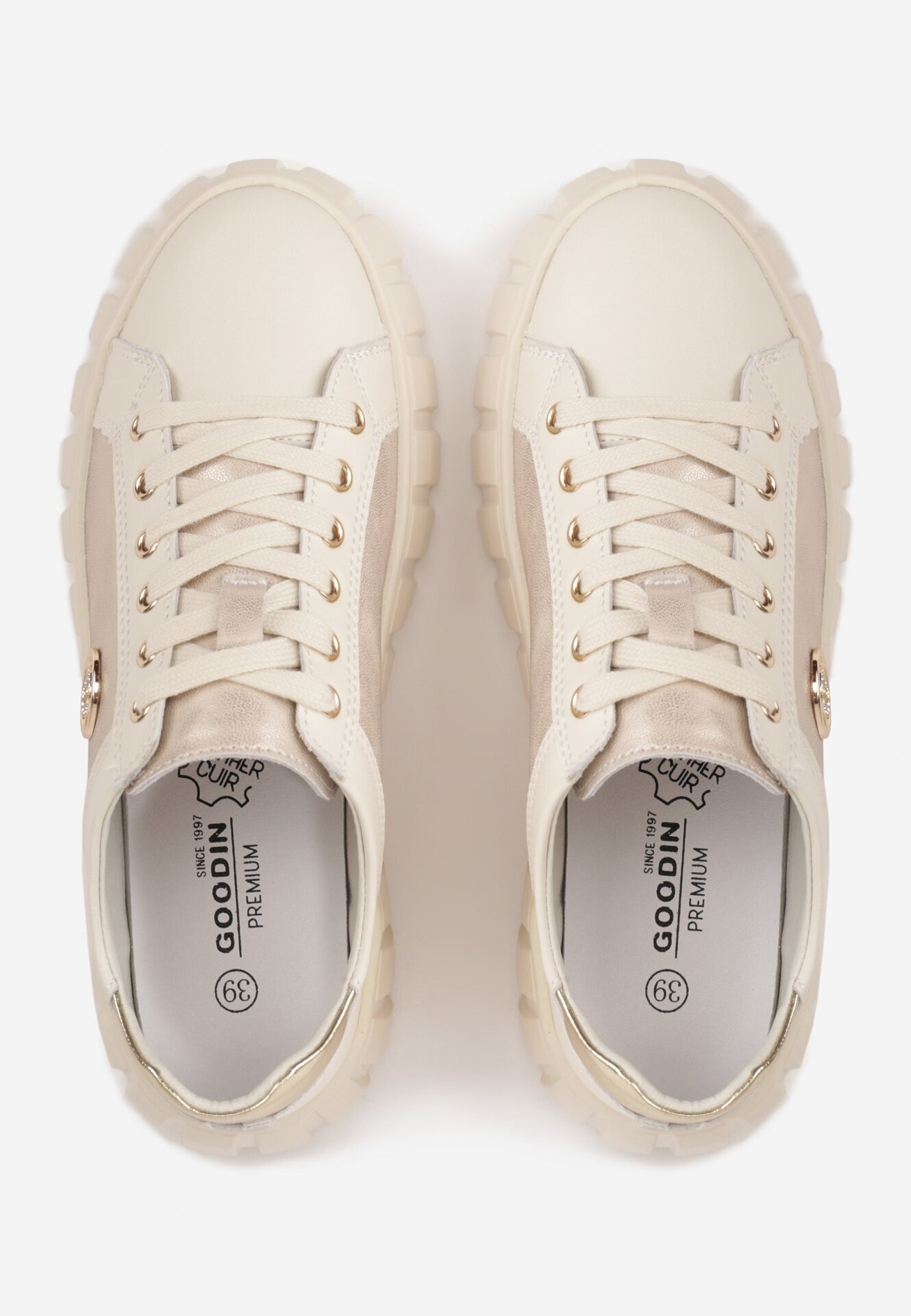 goodin Sneakers din piele naturală cu platformă joasă și accente metalice Rilmi Bej cu auriu