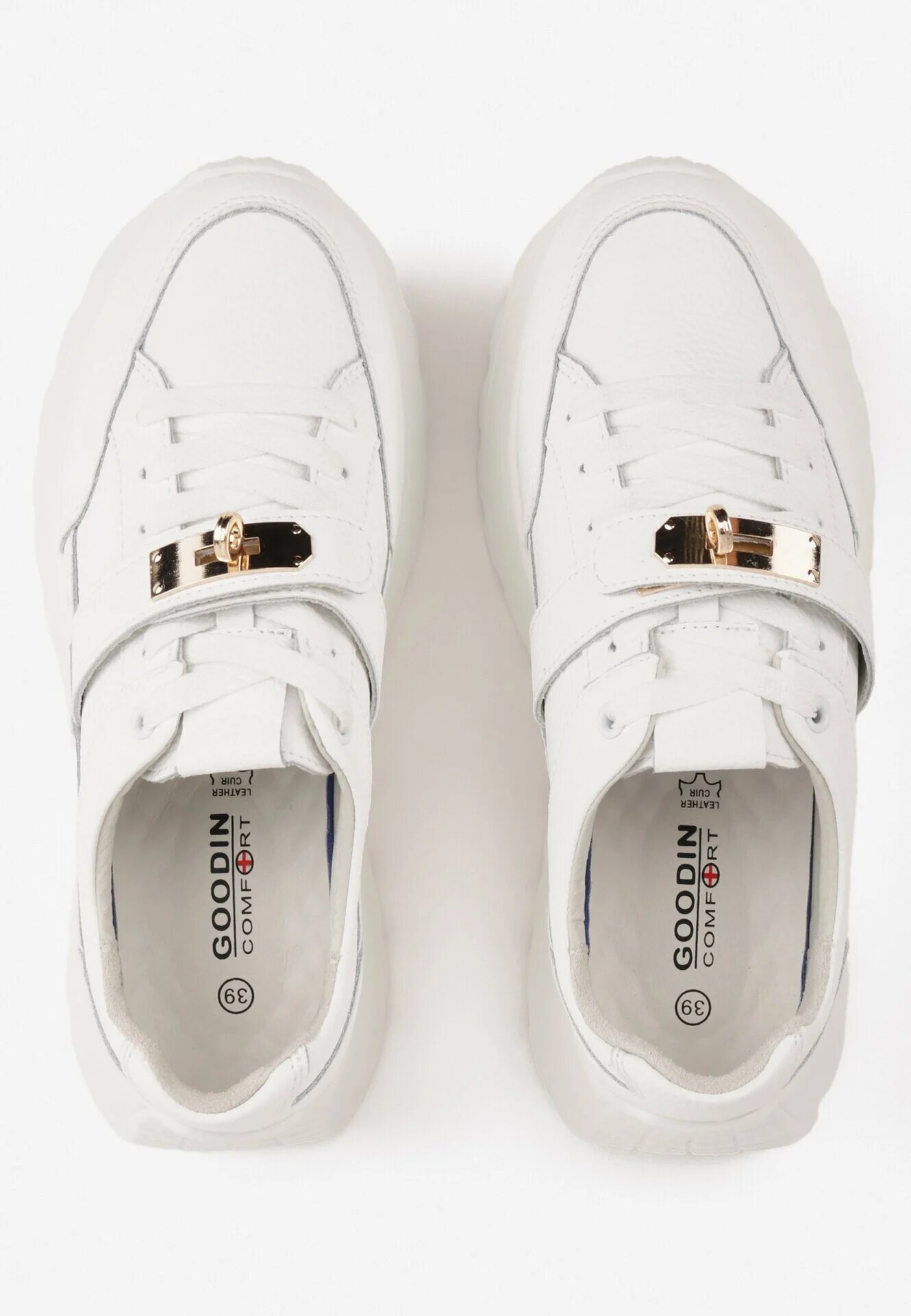 goodin Sneakers din piele pe talpă groasă cu curea și închidere metalică Cirmia Albi