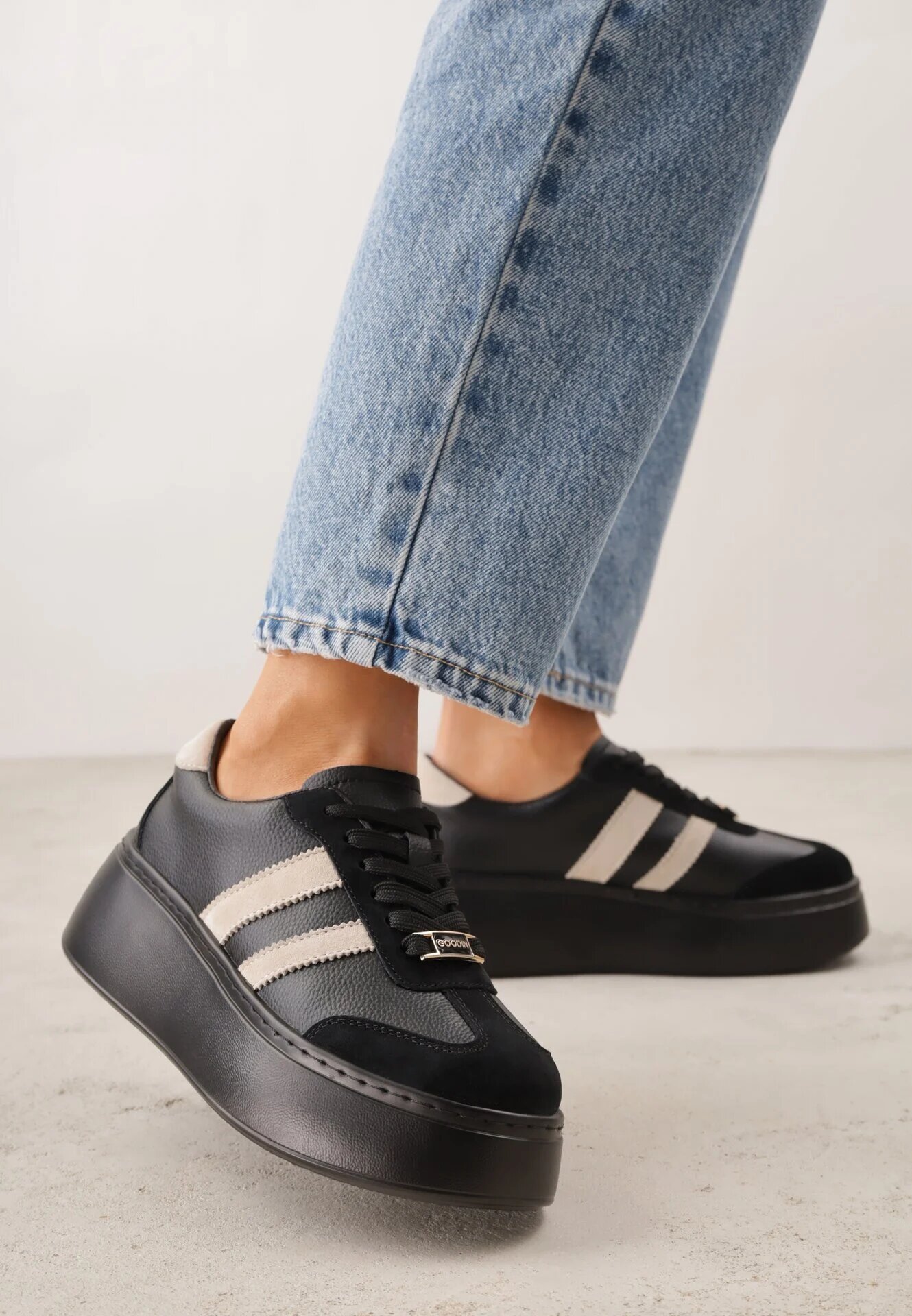 goodin Sneakerși Negru-Bej din Piele cu Talpă Groasă cu Model Geometric Rivimi
