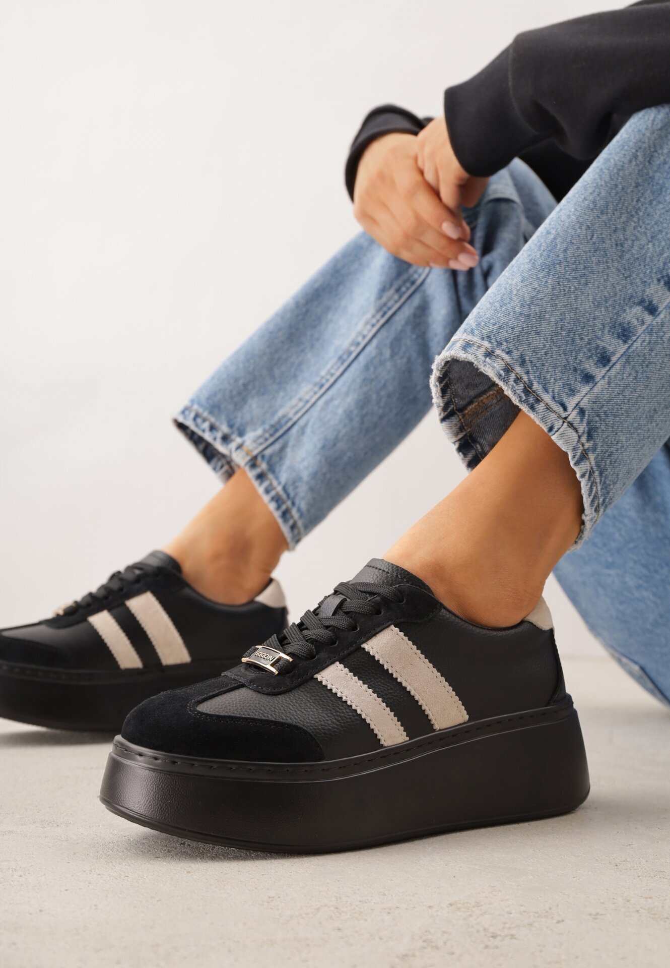 goodin Sneakerși Negru-Bej din Piele cu Talpă Groasă cu Model Geometric Rivimi