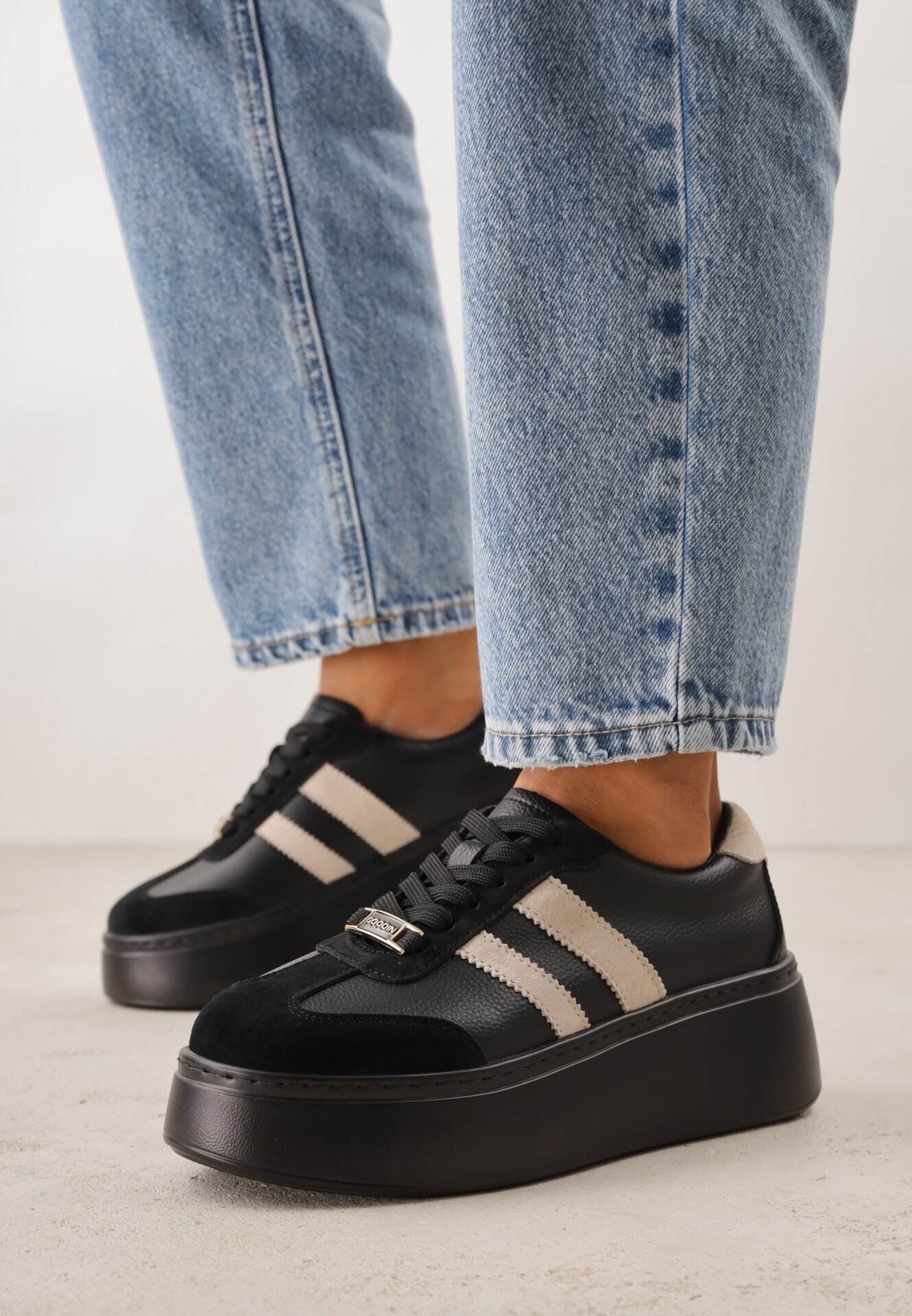 goodin Sneakerși Negru-Bej din Piele cu Talpă Groasă cu Model Geometric Rivimi