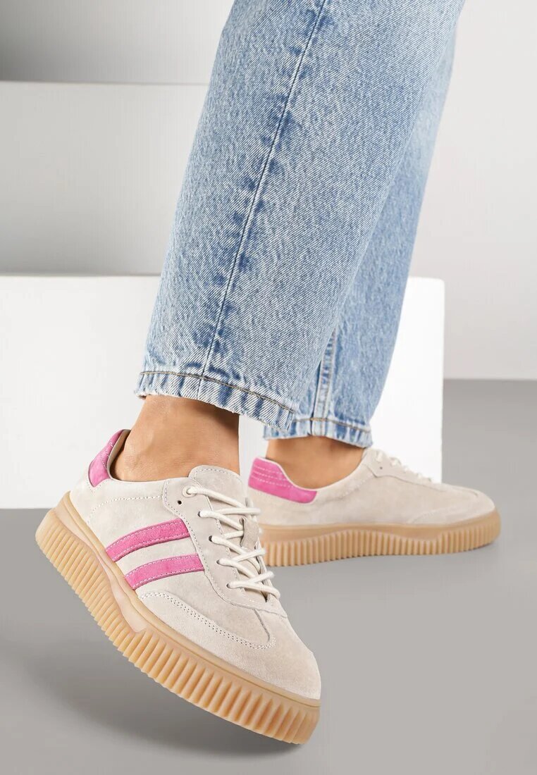 goodin Sneakersuri Bej și Fucsia clasice din piele cu inserții de piele întoarsă naturală Teniresela