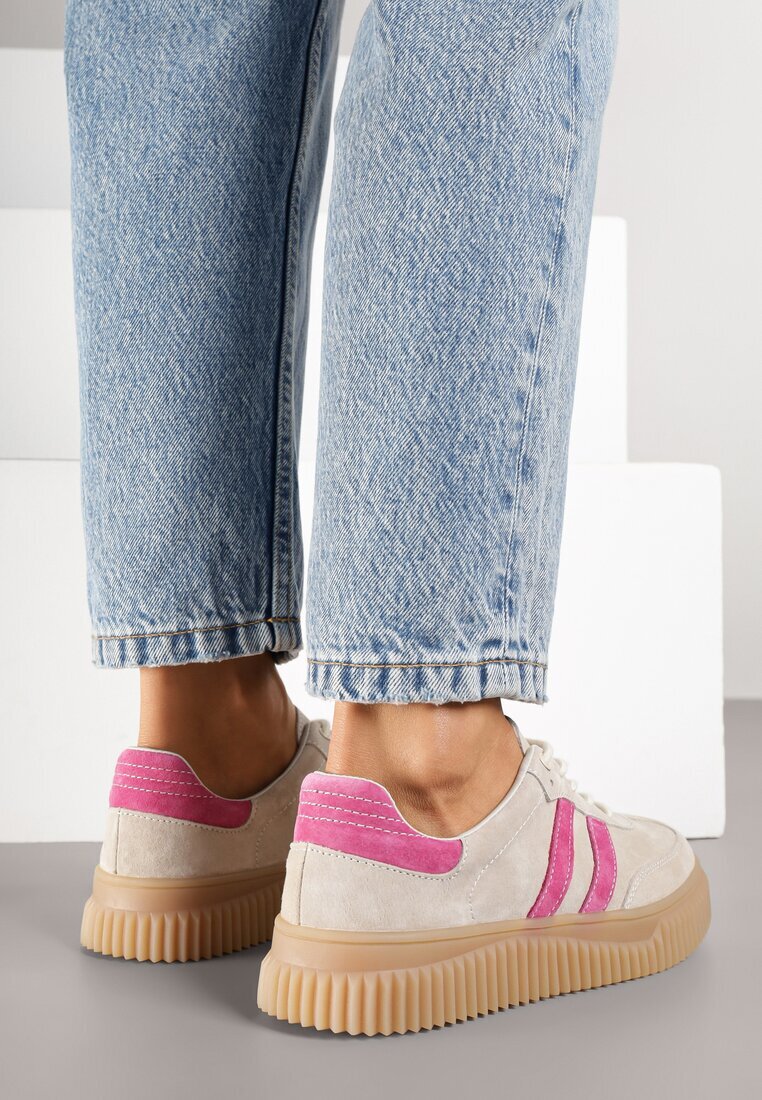 goodin Sneakersuri Bej și Fucsia clasice din piele cu inserții de piele întoarsă naturală Teniresela