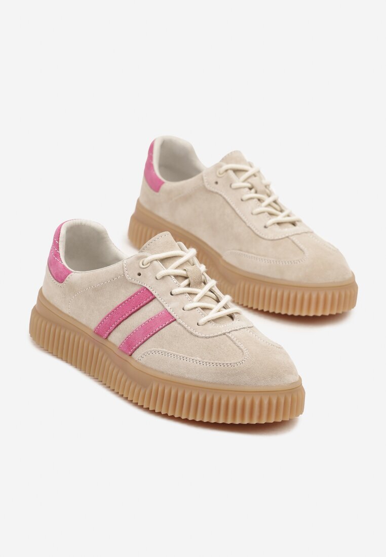 goodin Sneakersuri Bej și Fucsia clasice din piele cu inserții de piele întoarsă naturală Teniresela