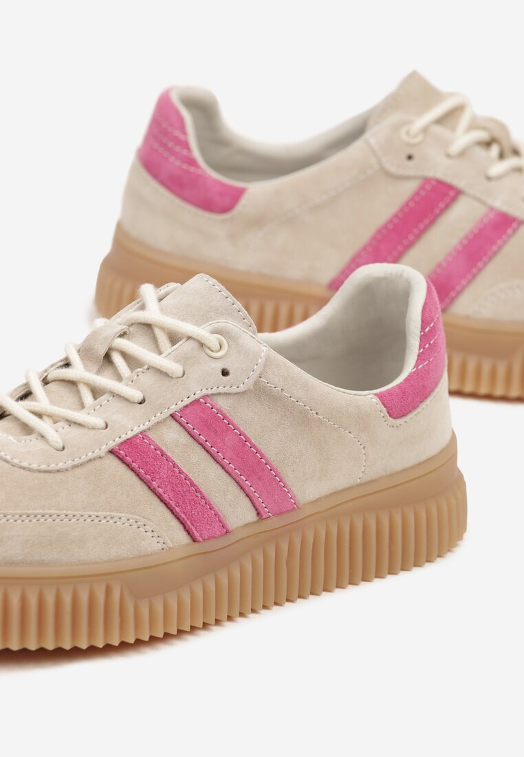 goodin Sneakersuri Bej și Fucsia clasice din piele cu inserții de piele întoarsă naturală Teniresela
