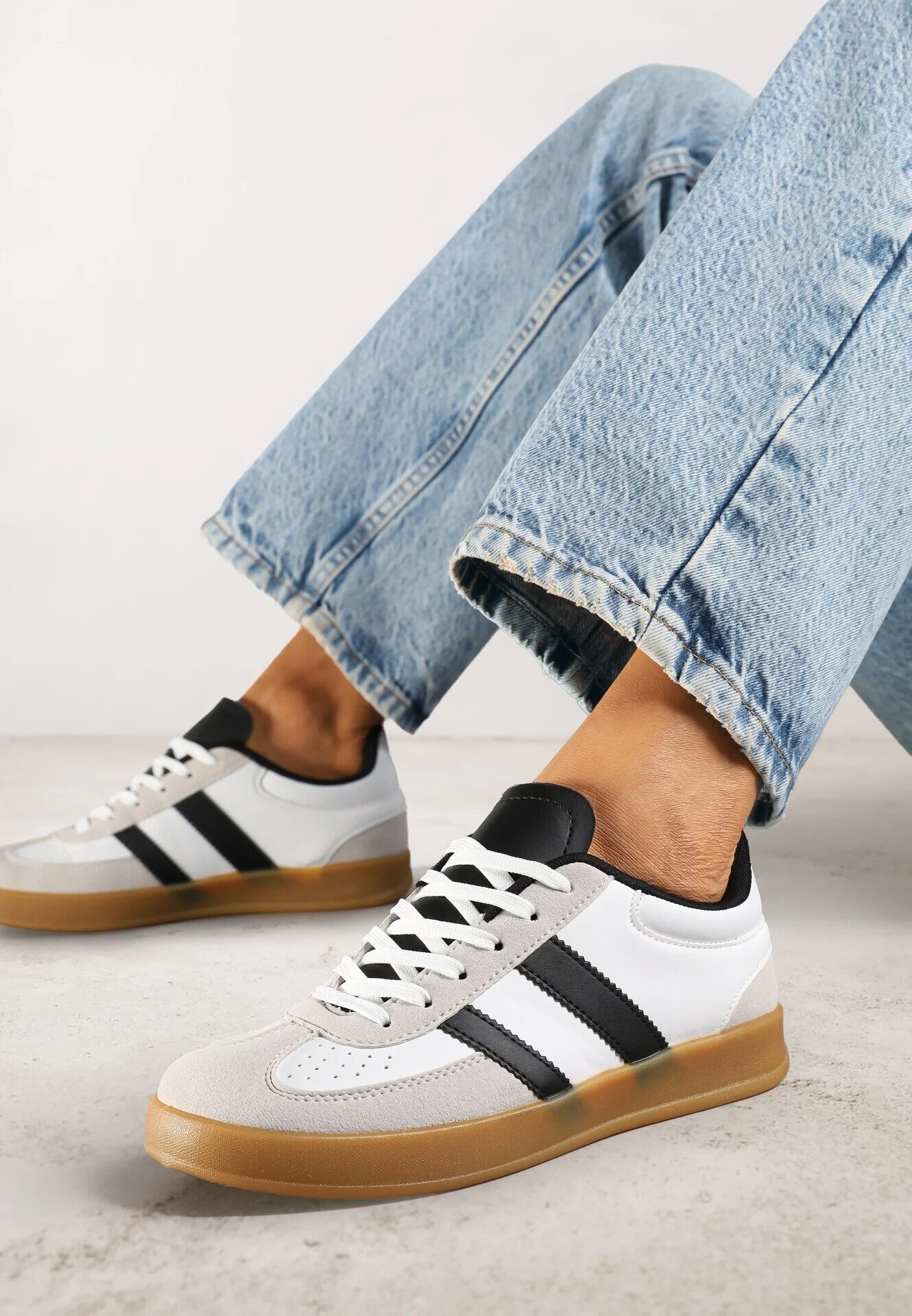 gowin Adidași Alb-Negru Tip Tenisi Iconici cu Cusături Decorative Selfia