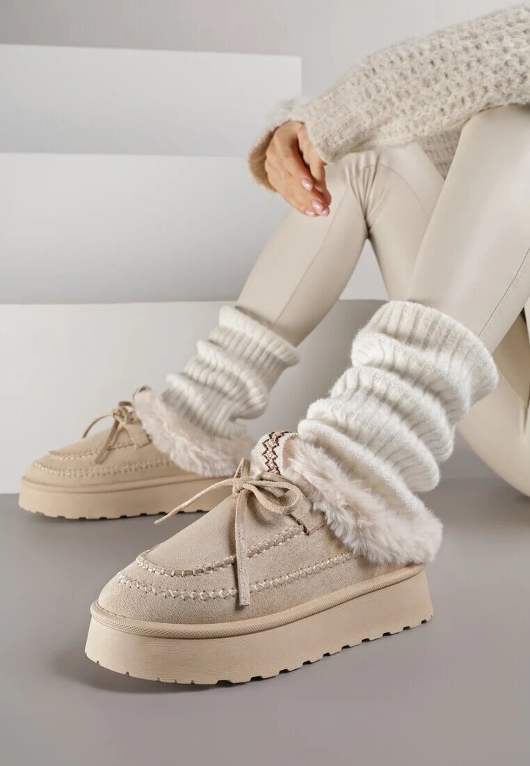 gowin Cizme de zăpadă bej tip slip-on în stil rustic cu fundă și blană Tusor