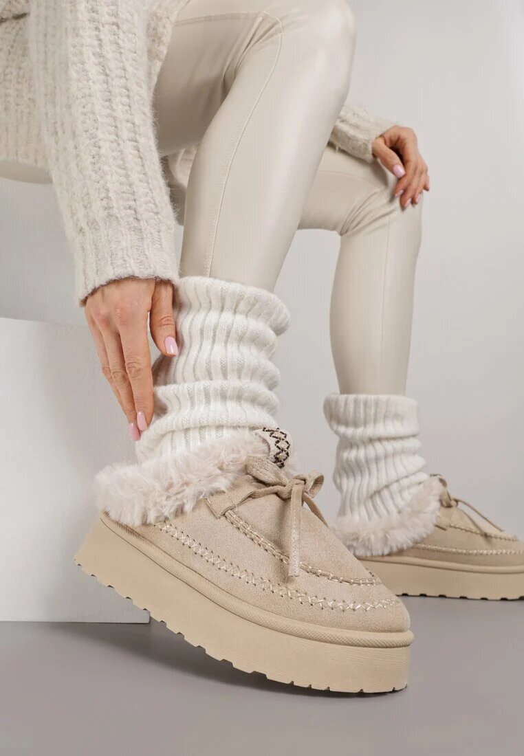 gowin Cizme de zăpadă bej tip slip-on în stil rustic cu fundă și blană Tusor