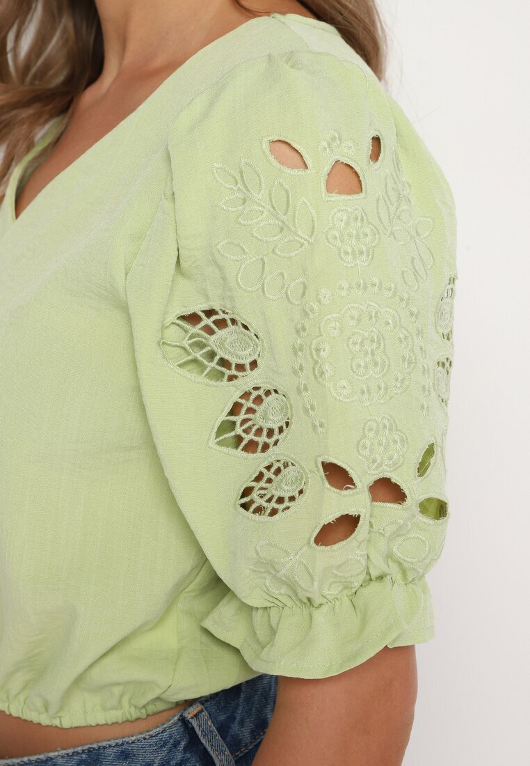h&s Bluză Verde Deschisă cu Mânecă Scurtă cu Ornament și Decolteu în V Tiamazie