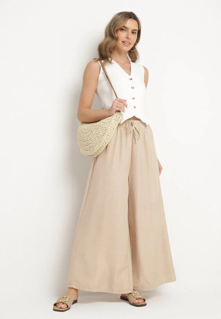 h&s Pantaloni Bej cu croi larg cu talie înaltă și legătură Telarieta