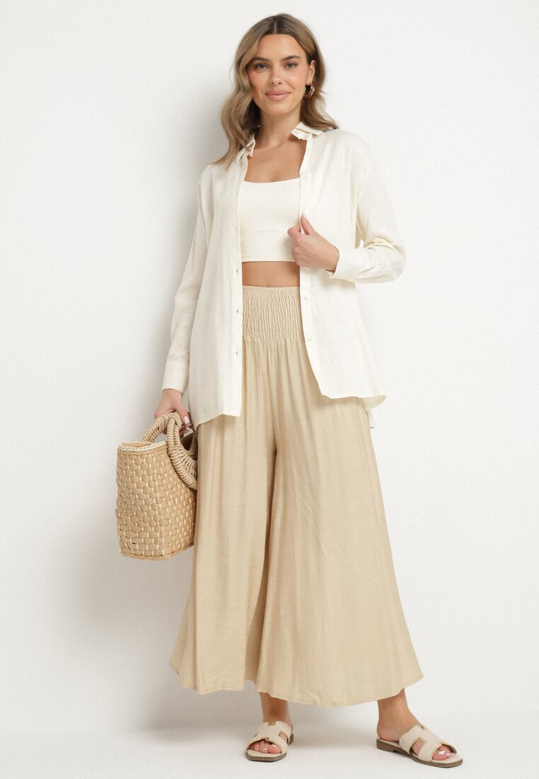 h&s Pantaloni Culotte Larghi Bej cu lungime 7/8 cu talie înaltă Ulamiriela