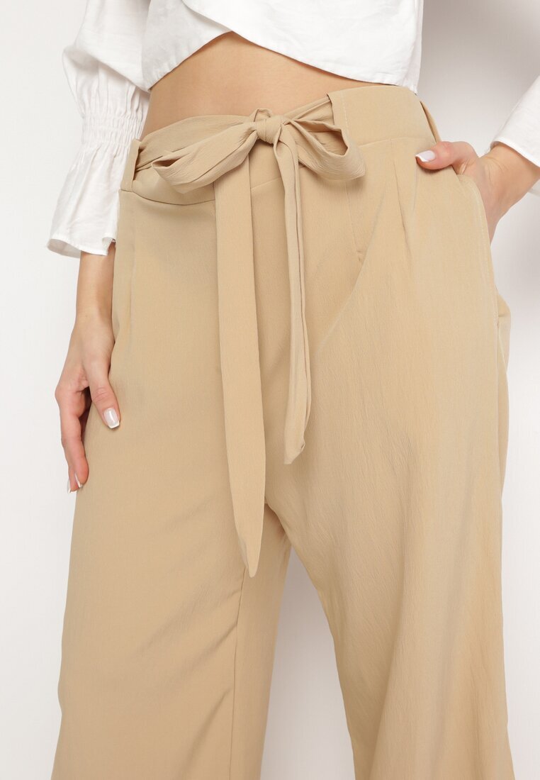 h&s Pantaloni Largi Bej Închis cu Legătură în Talie Paper Bag Tisallas