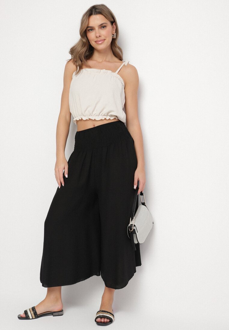 h&s Pantaloni tip Culotte Negri Largi Decorați cu încrețituri Fenalida
