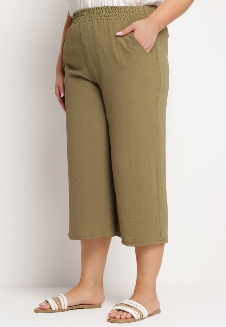 h&s Pantaloni Verde închis Largi cu talie înaltă cu elastic în talie și lungime 3/4 Levolia