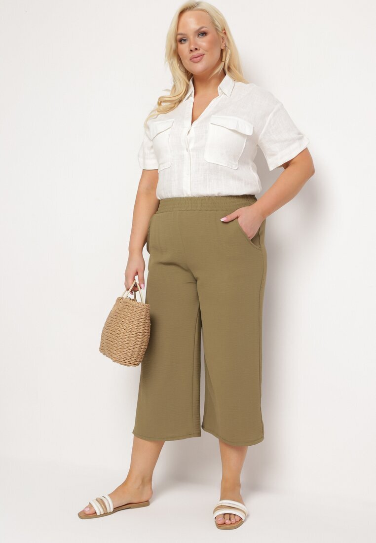 h&s Pantaloni Verde închis Largi cu talie înaltă cu elastic în talie și lungime 3/4 Levolia