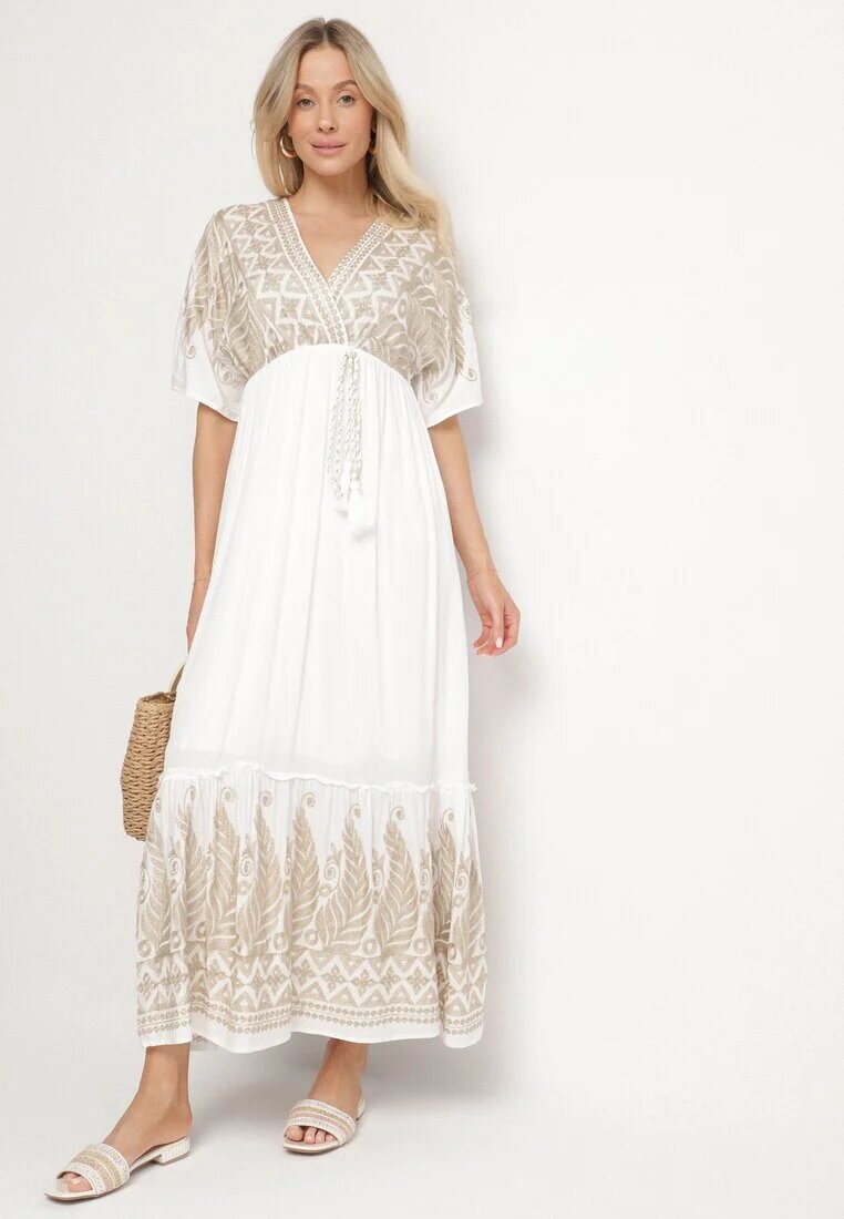 h&s Rochie Albă de viscoză cu decolteu tip plic și broderie cu fir metalic Emhiris