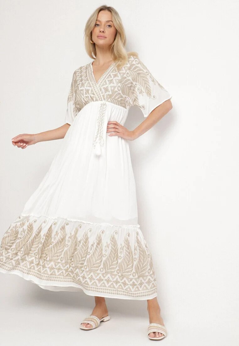 h&s Rochie Albă de viscoză cu decolteu tip plic și broderie cu fir metalic Emhiris