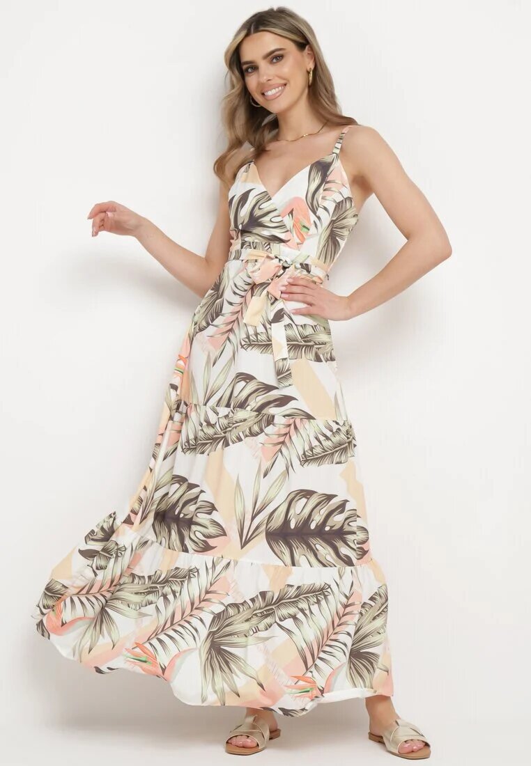 h&s Rochie bej deschis cu bretele cu decolteu petrecut și cu motiv floral Obilena