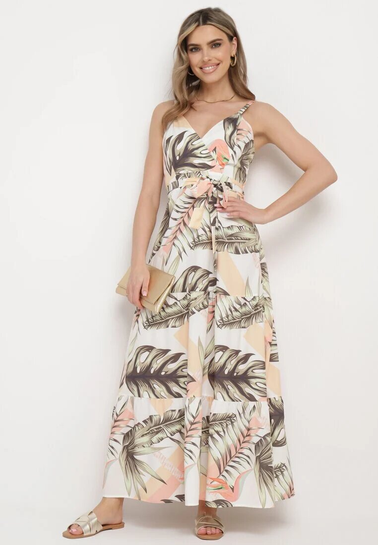 h&s Rochie bej deschis cu bretele cu decolteu petrecut și cu motiv floral Obilena